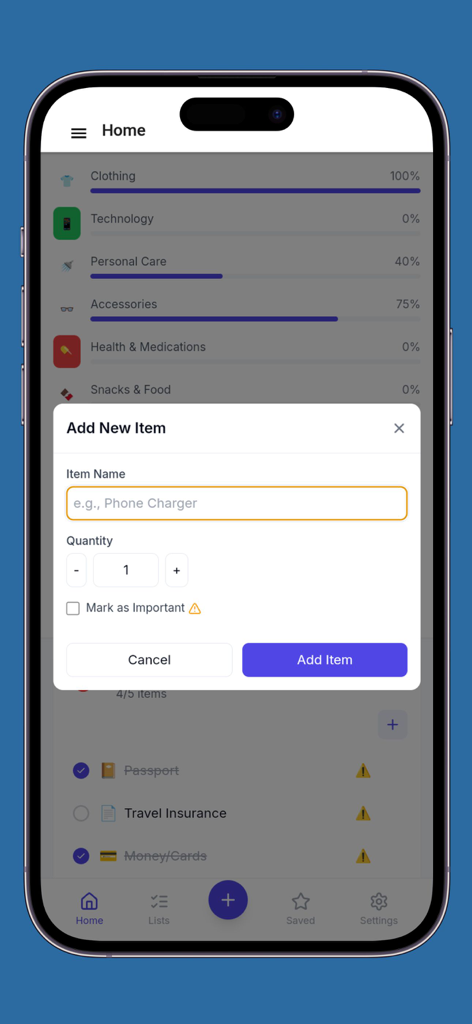 Packing list - checklist - Interface of the Packing List app showing an Add New Item pop-up window.