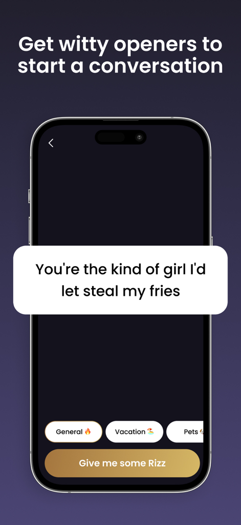 Flirt Ai, Wingman for Pick Up - Écran de l'application Flirt Ai affichant une phrase d'accroche spirituelle et un bouton 'Donnez-moi du charme'.