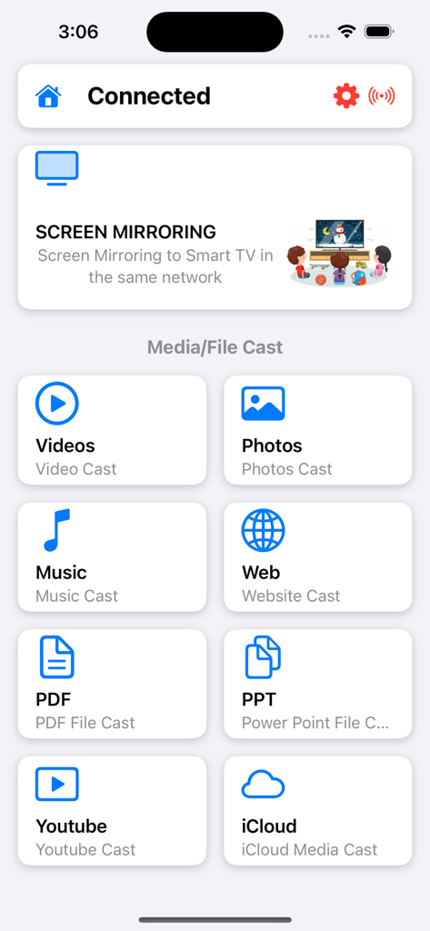 AirScreen Cast - AirScreen Cast main menu showing options for screen mirroring and casting videos photos and professional documents