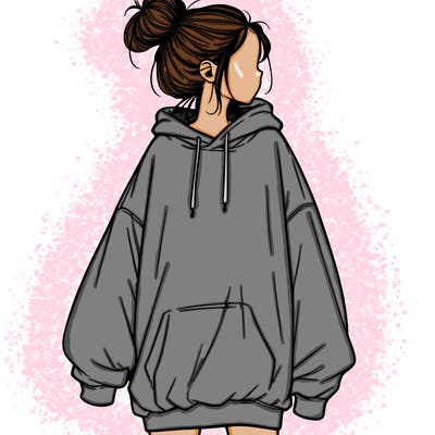realistic girl with a oversized sweatshirt on and a bun