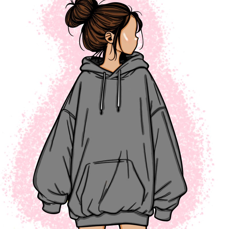 realistic girl with a oversized sweatshirt on and a bun