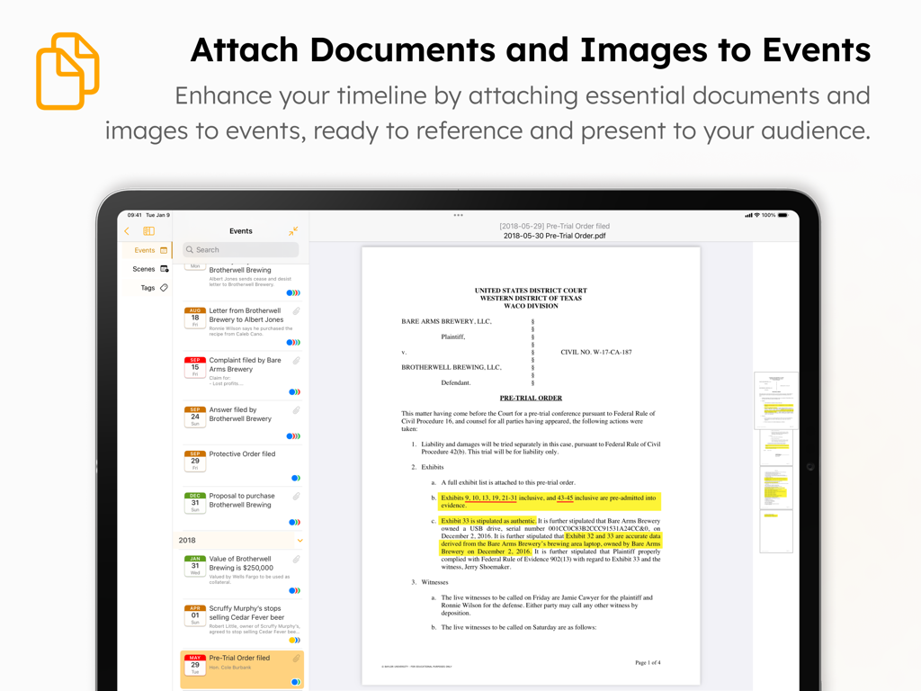 TimelinePad - Create Timelines - iPad interface of TimelinePad app showing a legal document attached and highlighted for a specific timeline event