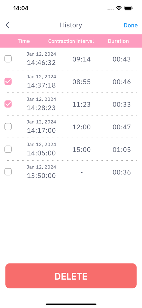 History screen of the Contraction Timer app showing a list of labor logs with time, interval, and duration details and a delete button