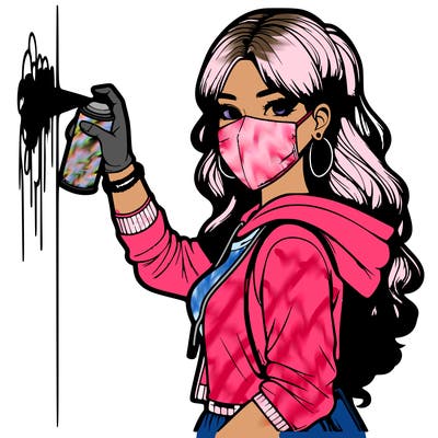 realistic girl with mask spray painting a wall