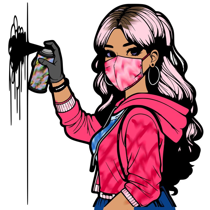 realistic girl with mask spray painting a wall