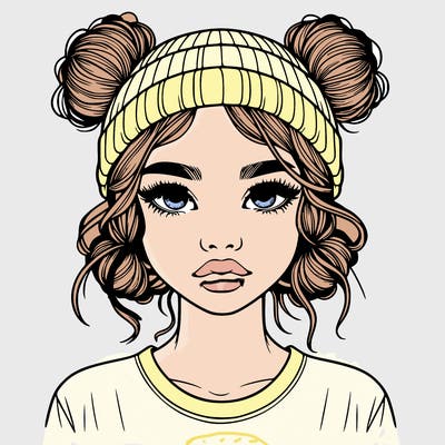 realistic girl with buns in her hair with a beanie on