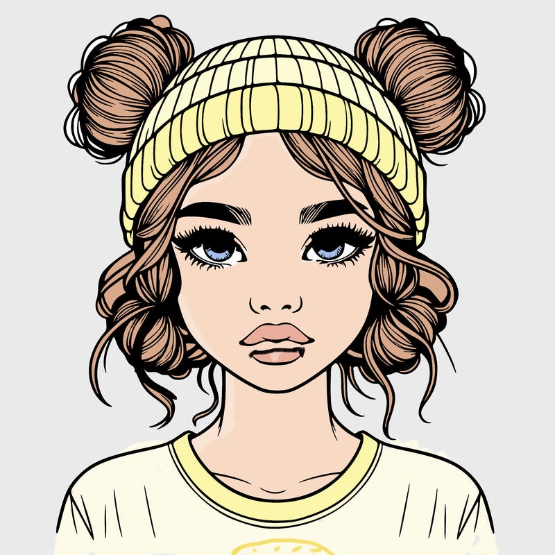 realistic girl with buns in her hair with a beanie on