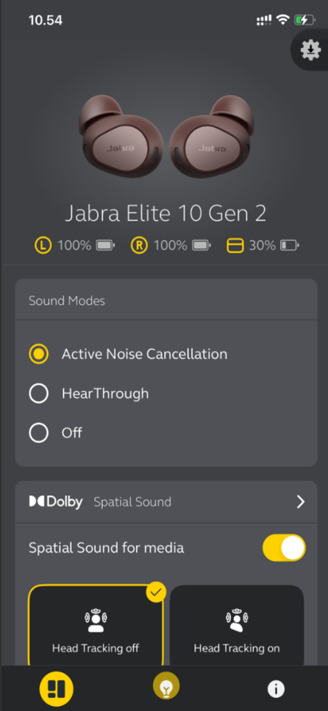 Jabra Sound plus mobile app interface showing battery levels and sound mode settings for Jabra Elite 10 Gen 2 earbuds