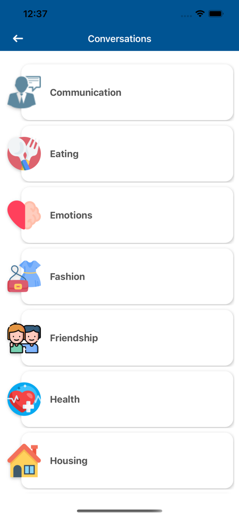 Advance English Dictionary conversation categories screen