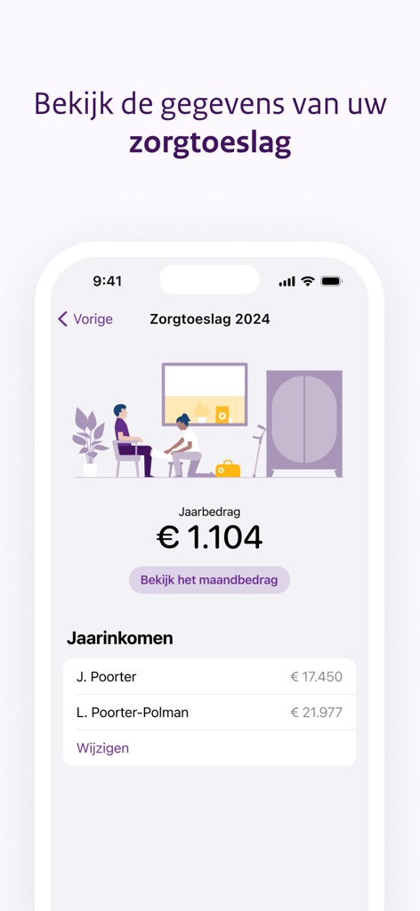 Toeslagen - Screenshot of the Toeslagen app showing healthcare allowance details for 2024 including yearly amount and household income