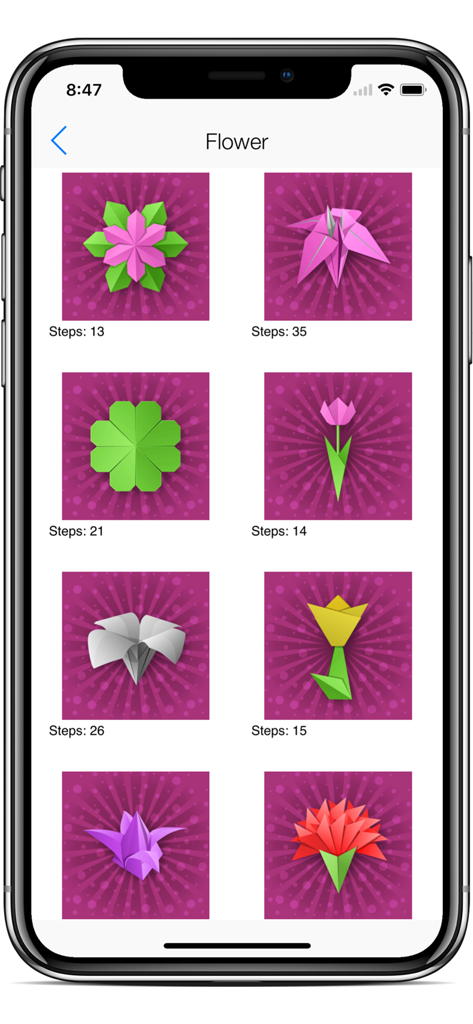 Origami Creator: Fold & Learn - Selection of origami flower designs with step counts in a grid layout