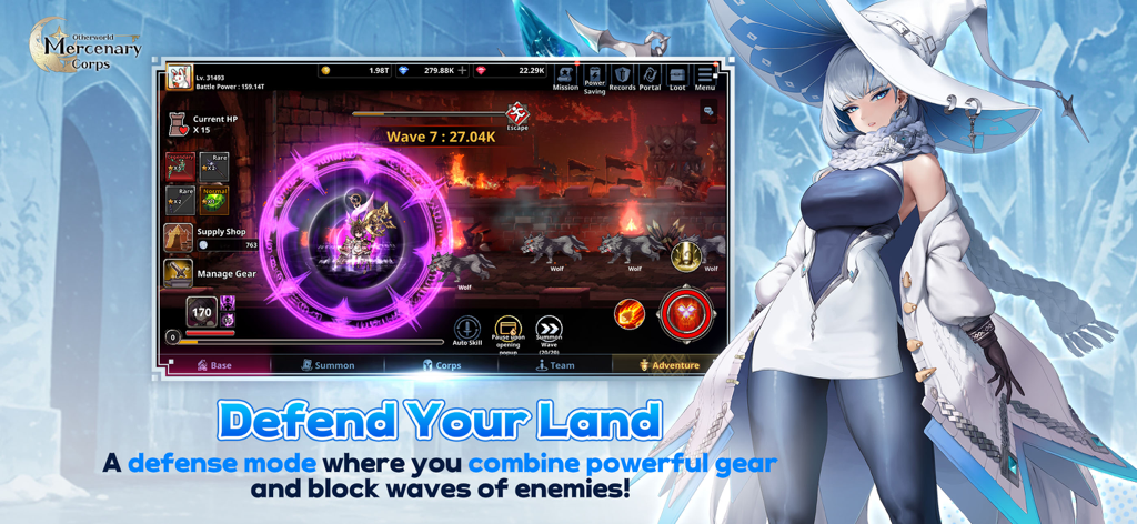 Otherworld Mercenary Corps - Anime character illustration and pixel art defense mode gameplay in Otherworld Mercenary Corps