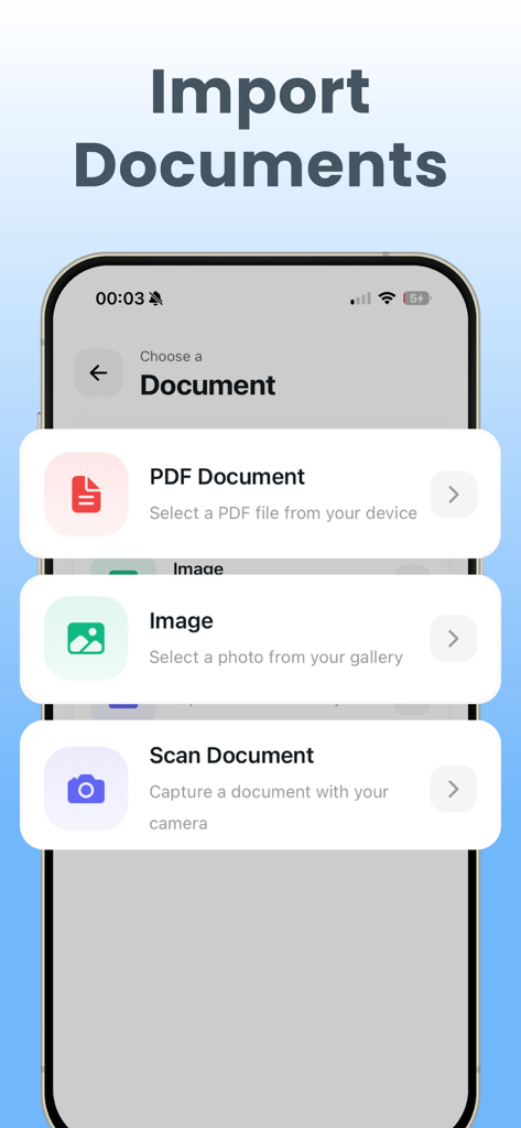 eSigns PDF: Signature Scanner - Interface of eSigns PDF app showing options to import a PDF file, select an image, or scan a new document with the camera.