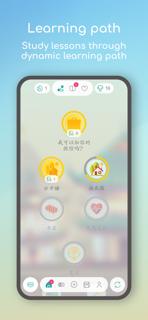 A smartphone screen showing the dynamic Mandarin Chinese learning path with lesson icons and progress tracking in the Dot Languages app.