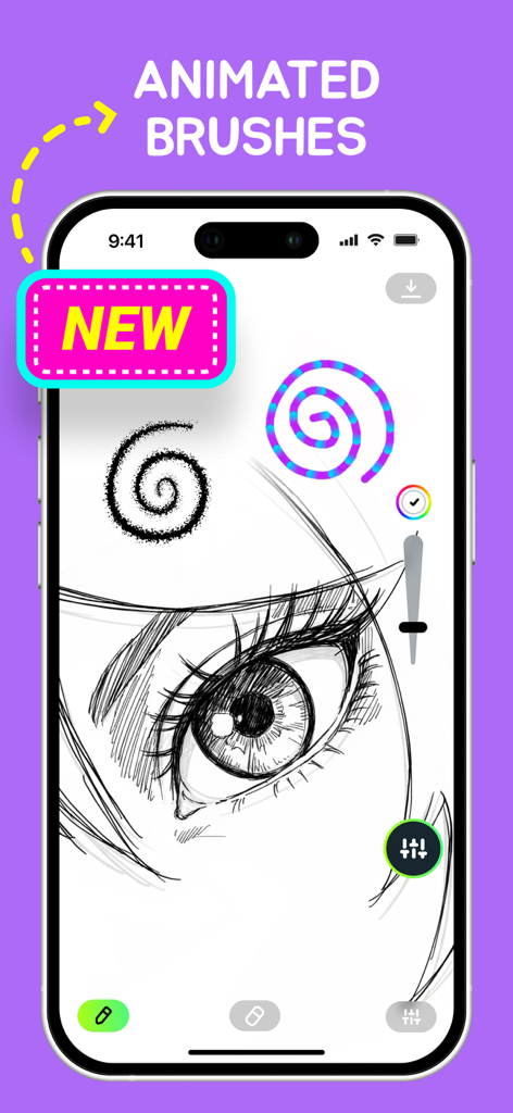 AmberPaint - Motion Brush - AmberPaint app displaying an anime eye sketch with colorful animated brush spirals on an iPhone screen.
