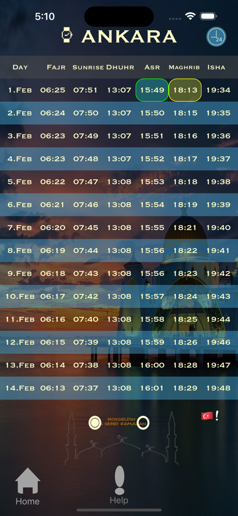 Monthly prayer times schedule for Ankara in the Muslim Prayer Times Pro app