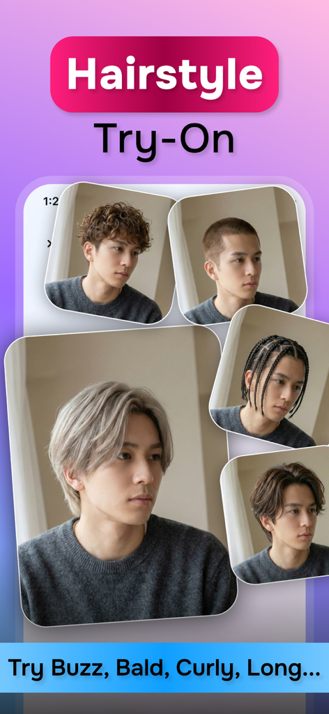 A collage showing a man with various AI-generated hairstyles including curly buzz cut braids and long silver hair