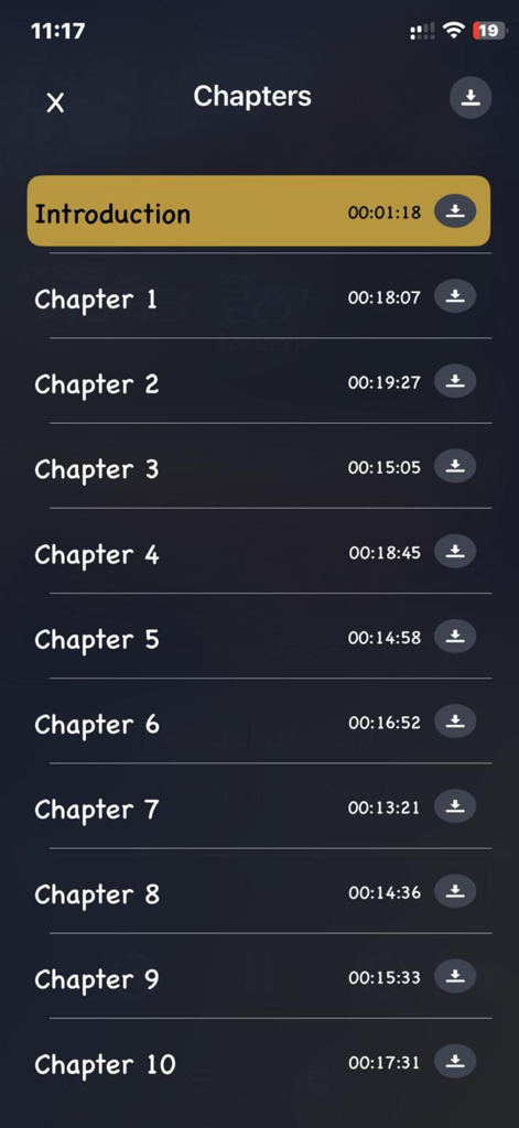 Virasat app screen displaying a list of audiobook chapters with their durations and download buttons