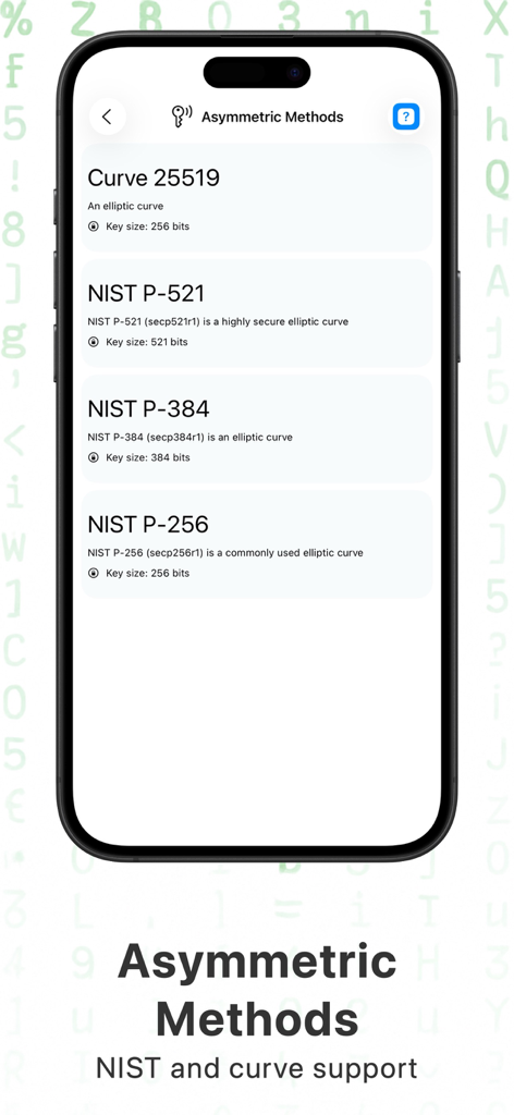 Crypto Tools (De)Encryption - Una interfaz móvil que enumera métodos de cifrado asimétrico que incluyen Curve 25519 y varias curvas elípticas NIST con sus correspondientes tamaños de bits