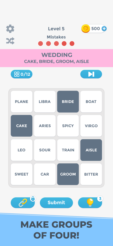 Connections Word Game - Connections Wortspiel-Oberfläche, die ein Wortraster und eine gelöste Gruppe mit Hochzeits-Thema zeigt