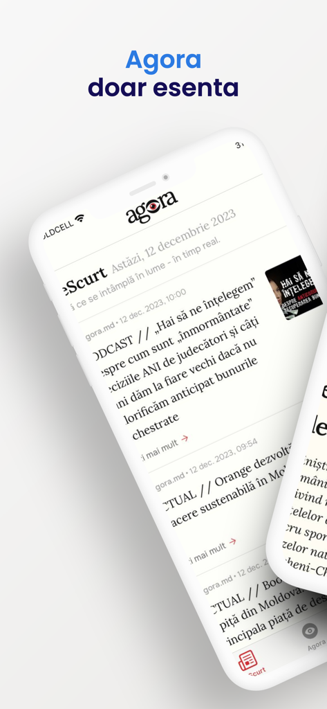 Agora.md - La interfaz de la aplicación de noticias móvil Agora.md que muestra un feed de titulares recientes en rumano