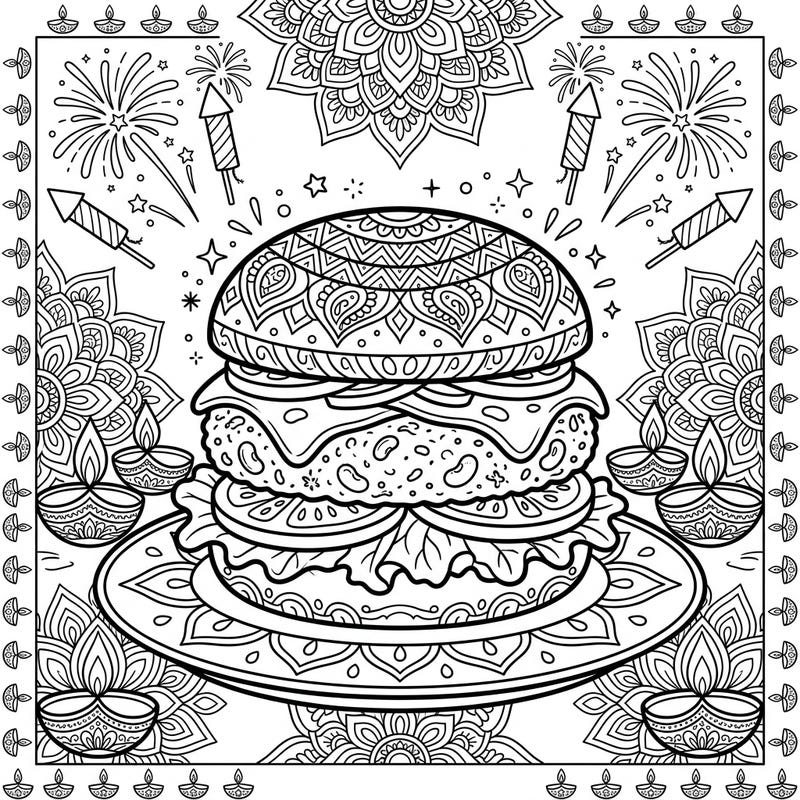 Dive into the festive spirit of Diwali with this delightfully detailed coloring page featuring a gourmet black bean burger. Enjoy bringing vibrant colors to intricate rangoli patterns, sparkling fireworks, and traditional diyas surrounding this delicious plant-based treat.