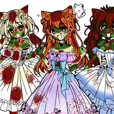 anime girls happy with cat ears and bird wings with a flowing flowery princess dress and speech bubble