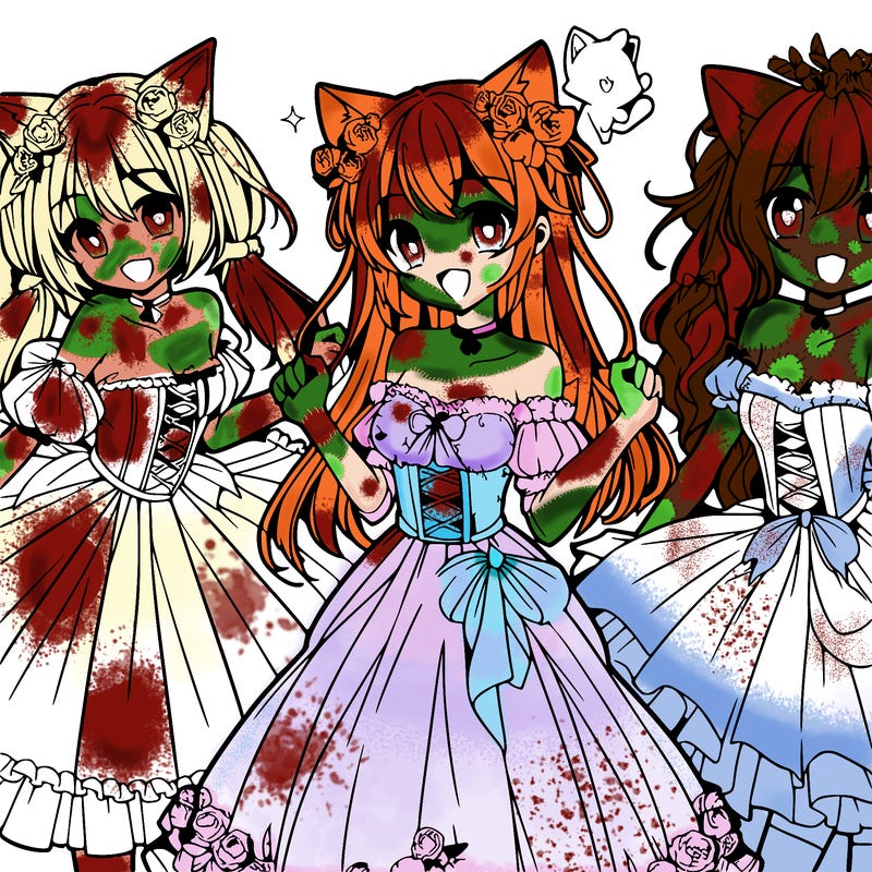 anime girls happy with cat ears and bird wings with a flowing flowery princess dress and speech bubble