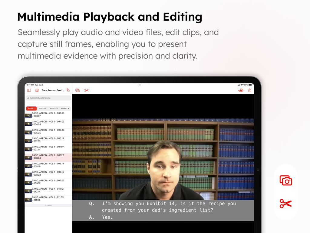 Interfaz de la aplicación TrialPad para la reproducción y edición de pruebas multimedia de video con subtítulos y herramientas de captura.