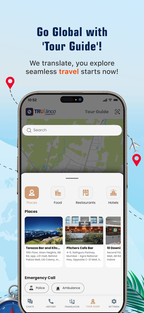 Trulinco: AI Voice Translator - Interface of the Trulinco app showing the Tour Guide feature with local maps and discovery options for food and hotels
