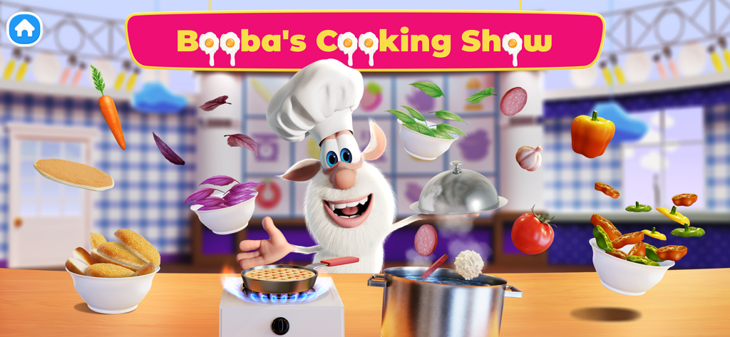 Booba Kitchen: Cooking Food - Booba character as a chef in a kitchen with flying ingredients and cooking show title