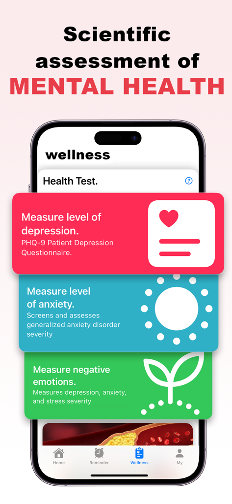 AI Pulse: Heart Rate Monitor - A mobile app screen showing scientific mental health assessments for depression and anxiety levels.