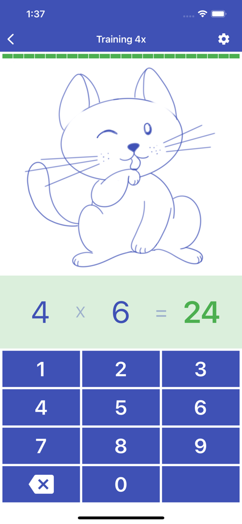 Multiplication Table. Trainer - Multiplication trainer app interface showing math problem four times six equals twenty four with a cat illustration