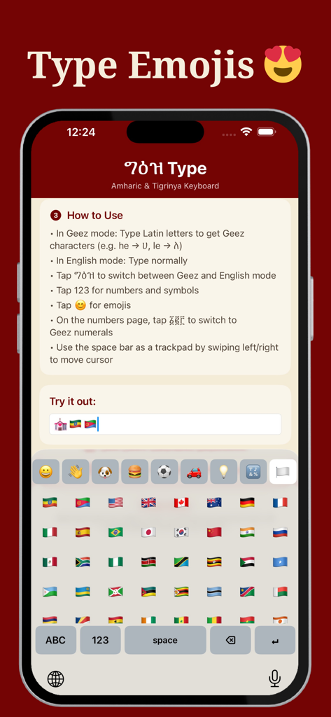 Teclado GeezType de amárico y tigriña que muestra la selección de emojis con banderas