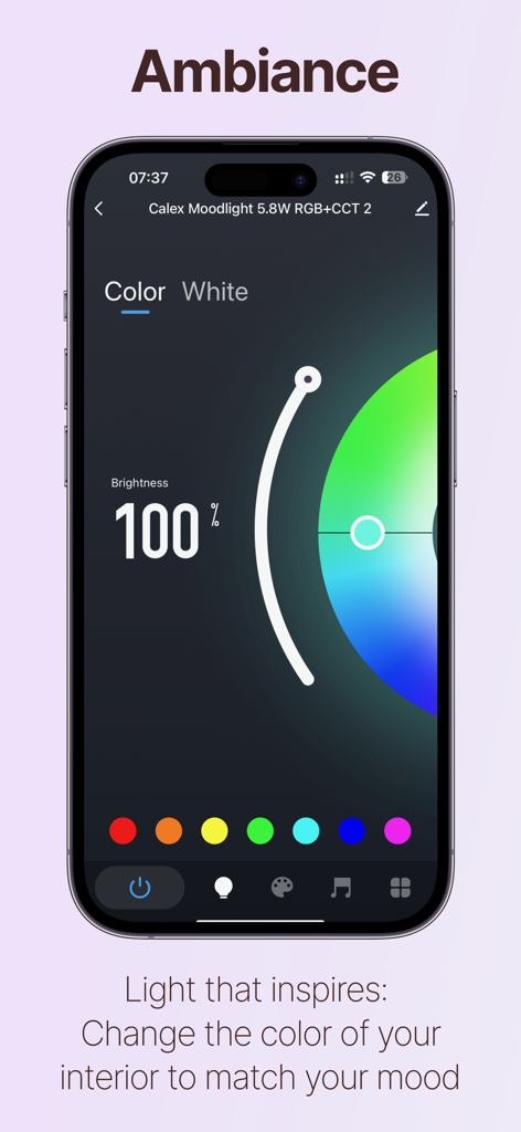 Calex Smart - Die Benutzeroberfläche der Calex Smart App zeigt Farb- und Helligkeitseinstellungen für die Stimmungsbeleuchtung.