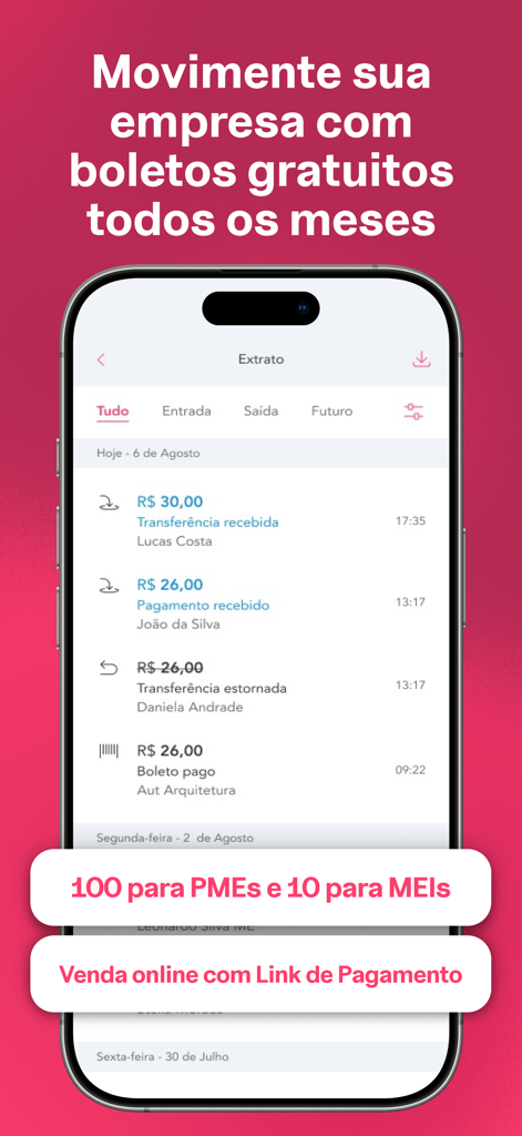 Conta PJ Digital - Cora - Interfaccia dell'app mobile Cora PJ Digital che mostra un estratto conto aziendale con transazioni e informazioni sui bollettini bancari gratuiti.