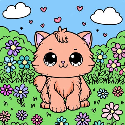 cute kitten in a flower field detailed