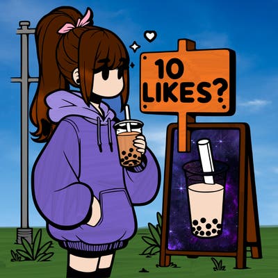 girl with oversized hoodie drinking boba and she has a high ponytail with a sign that says 10likes?