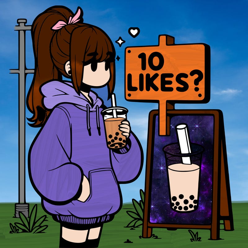 girl with oversized hoodie drinking boba and she has a high ponytail with a sign that says 10likes?