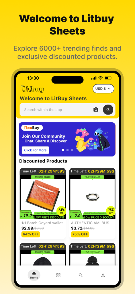 Home screen of Litbuy Sheets app displaying trending fashion deals and discounted products