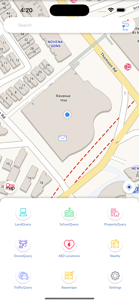 OneMap SG - OneMap SG app showing map interface and utility query menu