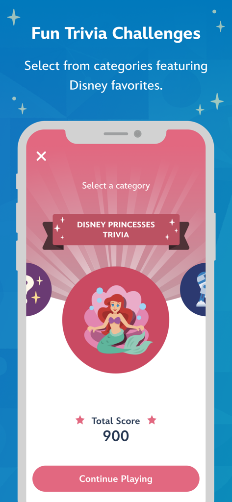 Disney Team of Heroes - A mobile screen showing the Disney Princesses trivia category with an illustration of Ariel in the Disney Team of Heroes app