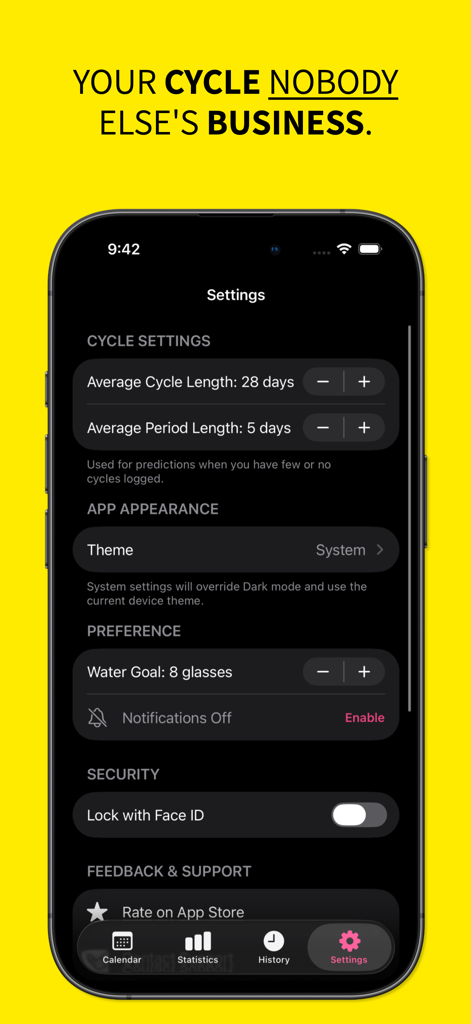 Settings screen of the Herflow app featuring cycle configuration and privacy security options.