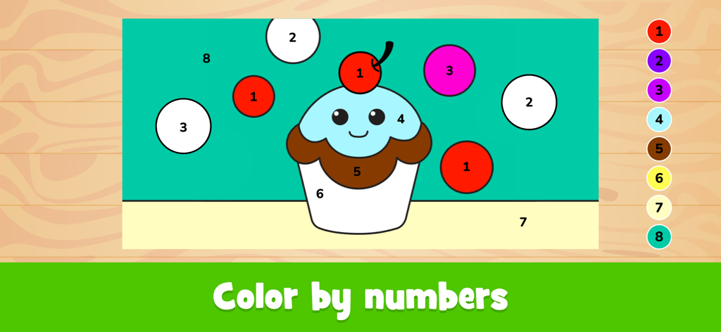Coloring Pages: for Kids - A color by numbers screen for kids featuring a cute cupcake with numbered sections and a colorful palette