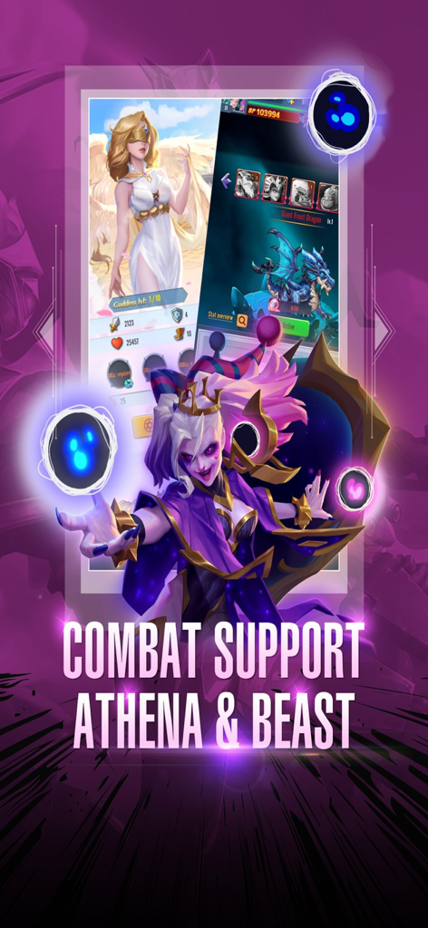 Siberium - Siberium Idle RPG combat support screen featuring Athena and Beast characters