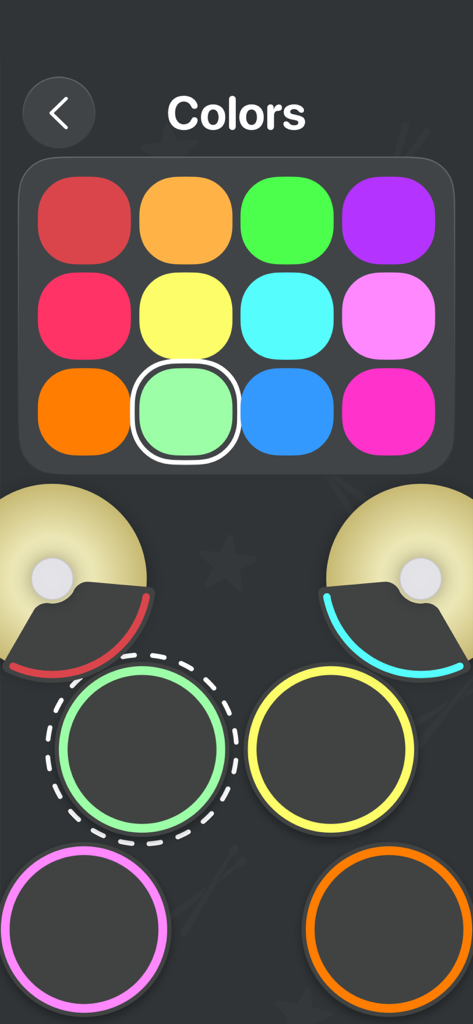 DrumDrum - Drums for kids - color selection menu for customizing virtual drum pads in the drumdrum app for kids