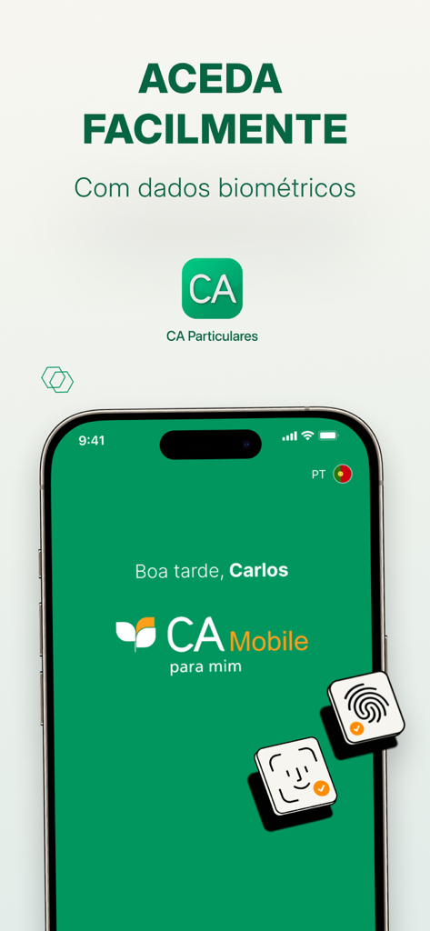 CA Mobile - Ecrã de login seguro da aplicação bancária CA Mobile com opções de autenticação biométrica como Face ID e Touch ID.