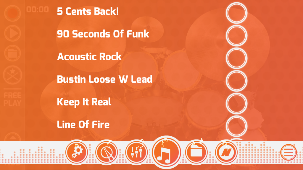 The Best Real Drums app screen showing a selection of background tracks including Acoustic Rock and Funk.