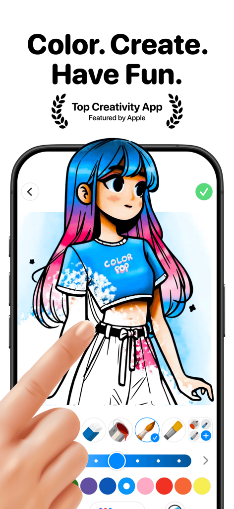 Color Pop AI - Coloring Book - A hand coloring an anime girl illustration on a mobile phone using the Color Pop AI app