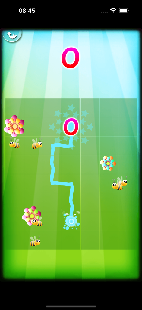 Magic Garden with Letters - A children logic puzzle level showing water flowing to the letter O in a garden with bees and flowers